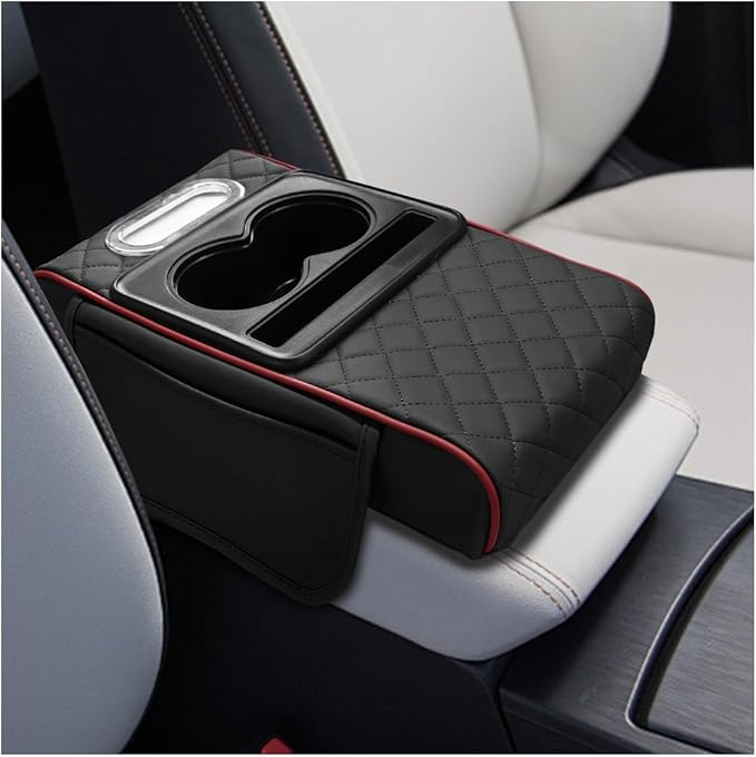 Leather Car Center Console Cover, Universal Automotive Armrest Booster Cushion, Vehicle Middle Console Organizer with 2 Cup Holders, Side Storage Bag, Tissue Box & Phone Slot(BlackRed)