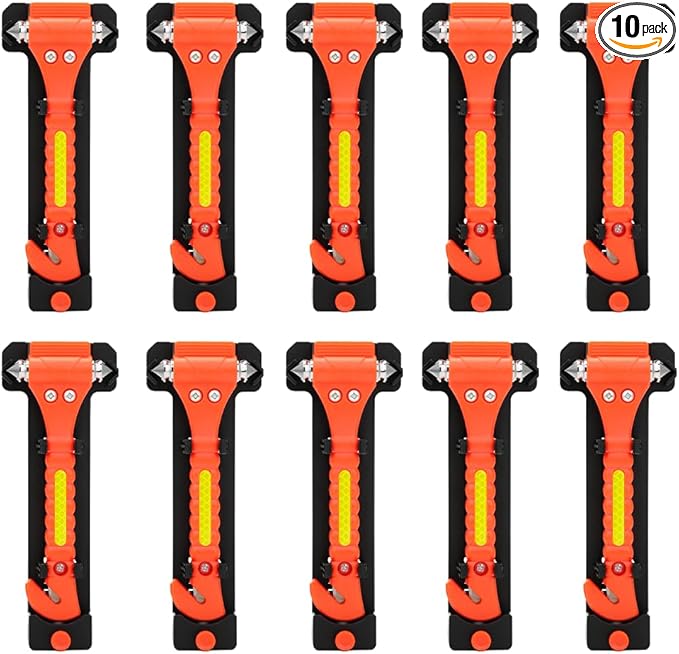 SINSEN Car Safety Hammer Set of 10 Emergency Escape Tool Auto Car Window Glass Hammer Breaker and Seat Belt Cutter Escape 2-in-1 for Family Rescue & Auto Emergency Escape Tools (Reflective Tape 10PCS)