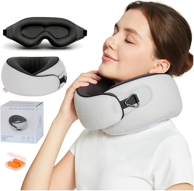Travel Pillow, Memory Foam Neck Pillow for Airplane Sleeping, 360° Ergonomic Support Travel Pillow for Flights, Portable Set with 3D Eye Mask & Earplugs, Comfort for Plane Car Train