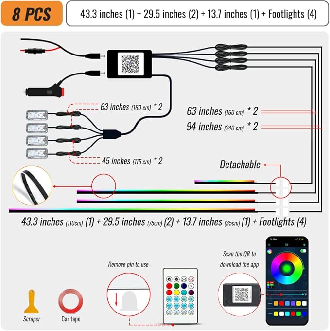 Ambient Lighting Car Led Lights Interior Kit, 4 in 1 Acrylic Led Lights for Car Center Console Dashboard,DC 12V APP Remote Control DIY Fiber Optic Music Sync RGB Neon Strip with Footwell Lighting
