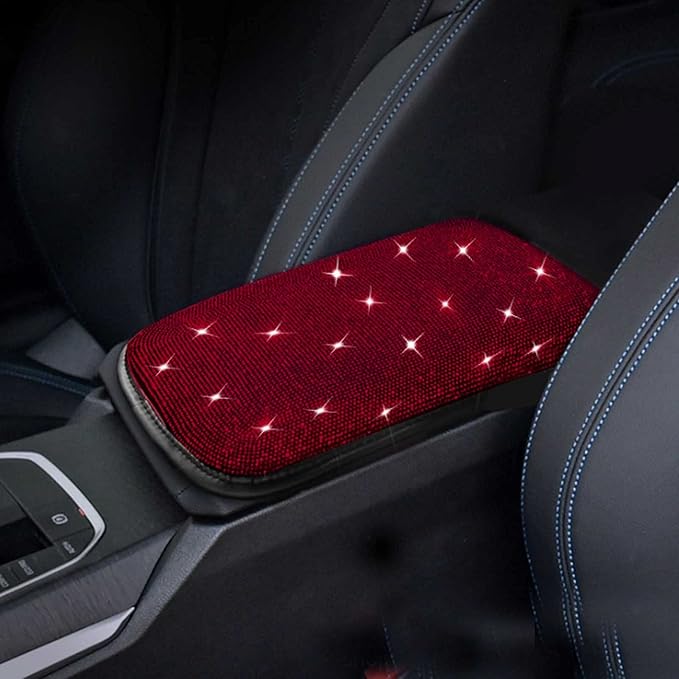 Bling Bling Car Armrest Cover Auto Center Console Protective Cover Luster Crystal Rhinestone Car Arm Rest Cushion Pad Car Interior Accessory (Bling-Red)