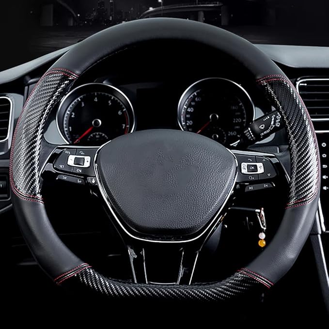 Car Carbon Fiber and Leather D-Shape Steering Wheel Cover, Stylish car Non-Slip Leather car Interior 15 inches Universal Black and Red
