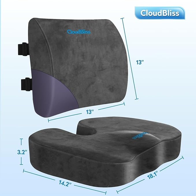 CloudBliss Lumbar Support Pillow & Seat Cushion Set for Office Chair, Desk Chair, Wheelchair & Car – Memory Foam Back Support, Ergonomic Chair Cushions, Sciatica Pain Relief, Home Essentials, Grey