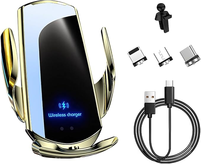 Wireless Car Charger, 15W Fast Charging Air Vent Mount Auto-Clamping Phone Holder, Automotive Electric Induction Charger 360° Rotating Magnetic Vent Mount Bracket for Smartphones (Golden)