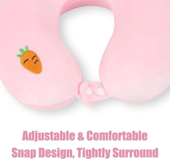 Sexysamba Cartoon Headrest & Neck Pillow for Kids Boys & Girls, Teens, Travel Accessories for Airplane, Car, Recline, Memory Foam Cute Travel Pillow with Sleep Eye Mask - Pink Rabbit