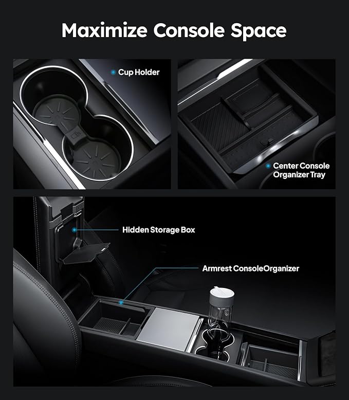 Wigoo Center Console Organizer for Tesla Model Y Juniper (Only Premium & Performance 2025 2026) and All Model 3 Highland Accessories [Double-Layer Storage, Smooth Sliding] 4PCS Black