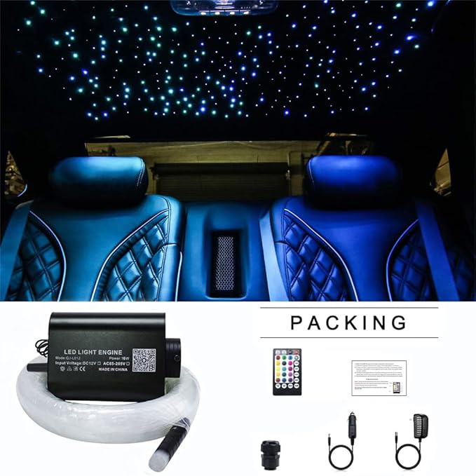 AZIMOM Car Use Bluetooth 16W Upgraded Fiber Optic Light Star Ceiling Lighting Kits Mixed 335pcs 13.1ft Optical Fibers Sound Activated APP Remote Control Livingroom Headliner Starlight Decoration