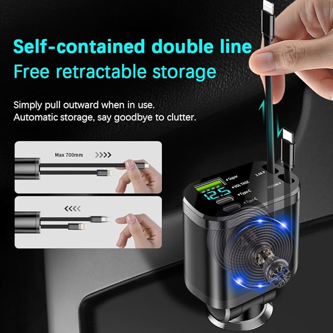 90W Multi-Port Car Charger with Voltage Detection, Super USB-A +2C Fast Charging with Cable L2.4A +PD30W Retractable Cable for iPhone15/16, Compatible with iPhone/Samsung/Android/iPad and More