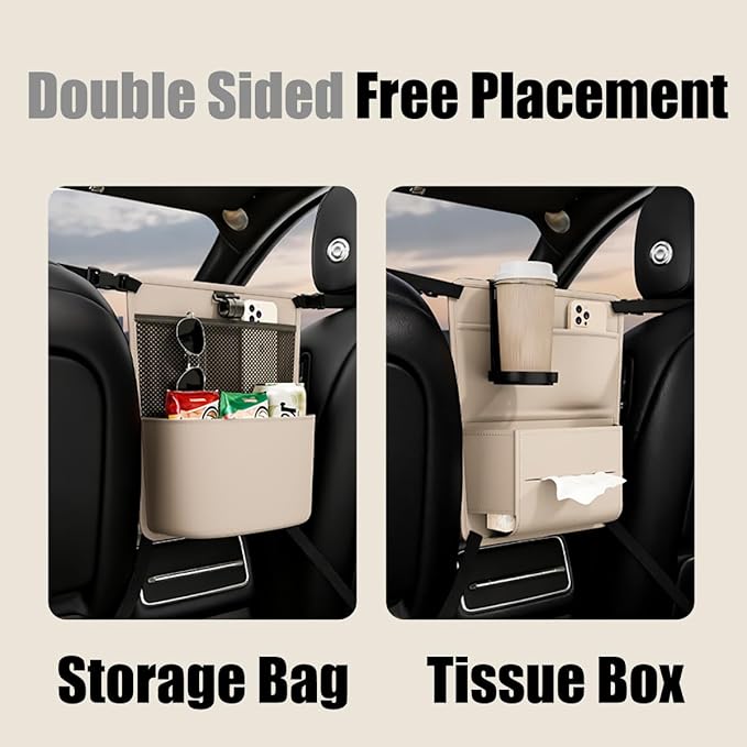 GMQ Car Pocket Handbag Holder,Pu Leather Seat Back Organizers Bag,Purse Holder for Between Seats Multifunctional Car Seat Storage (Beige)