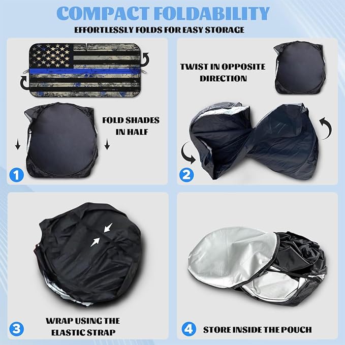 Thin Blue Line USA Flag Car Windshield Sunshade Folding Retro Police Heatshield Front Window Car Sun Shade Windshield Rays Sun Shade Visor Protector for Car Sedan Truck SUV Accessories 59x31.5 Inch