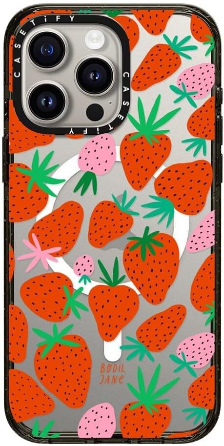 CASETiFY Impact Case for iPhone 15 Pro Max [4X Military Grade Drop Tested / 8.2ft Drop Protection/Compatible with Magsafe] - Pattern Prints - Strawberries - Clear Black