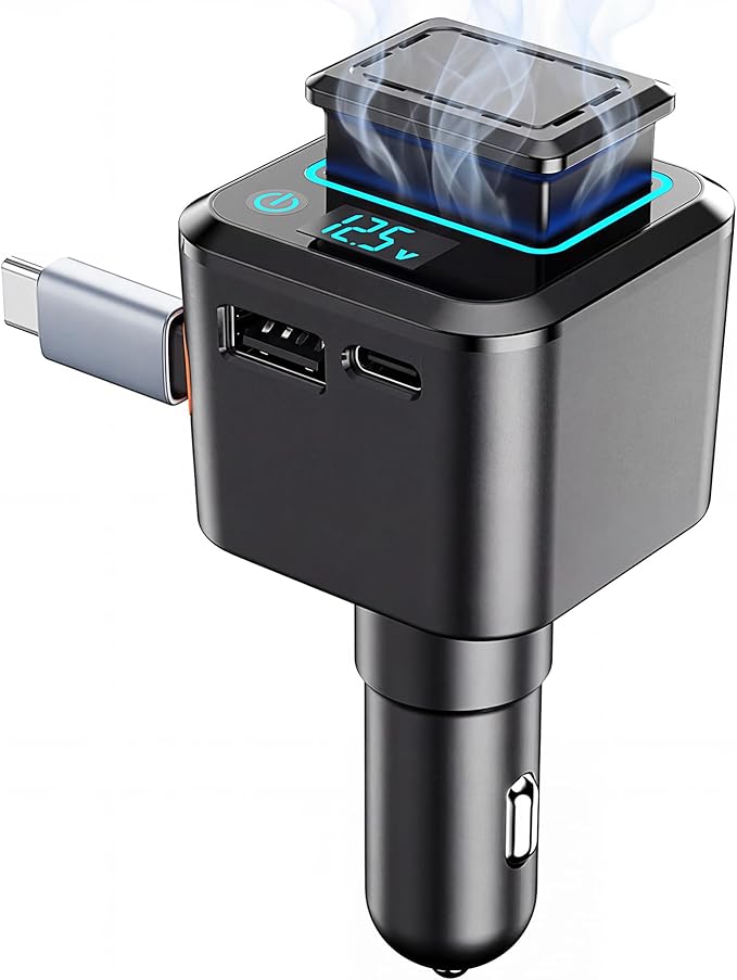 BS-01C 45W Car Charger with Retractable Type-C Cable, 30W USB C & 22.5W USB A Ports, 3-Port Super Fast Charging, Built-in Fragrance Diffuser & Safety Chip (Shop can Purchase Scent Refills)