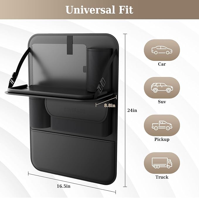 Coverado Car Backseat Organizer with Tablet Tray, Nappa Leather Organizer for Car Seat Back, Waterproof Car Seat Organizer with Touch Screen, Seat Protector Kick Mats for Kids