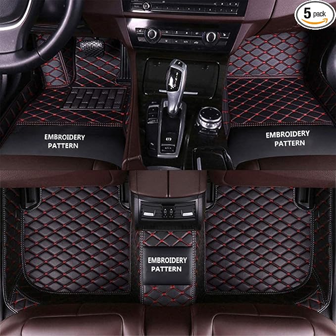 Car Floor Mats for 99% Cars, Trucks and SUVs Full Coverage Pads Protection Non-Slip Leather Floor Liners (Black/Red)