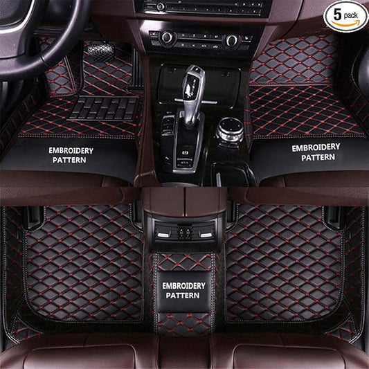 Car Floor Mats for 99% Cars, Trucks and SUVs Full Coverage Pads Protection Non-Slip Leather Floor Liners (Black/Red)