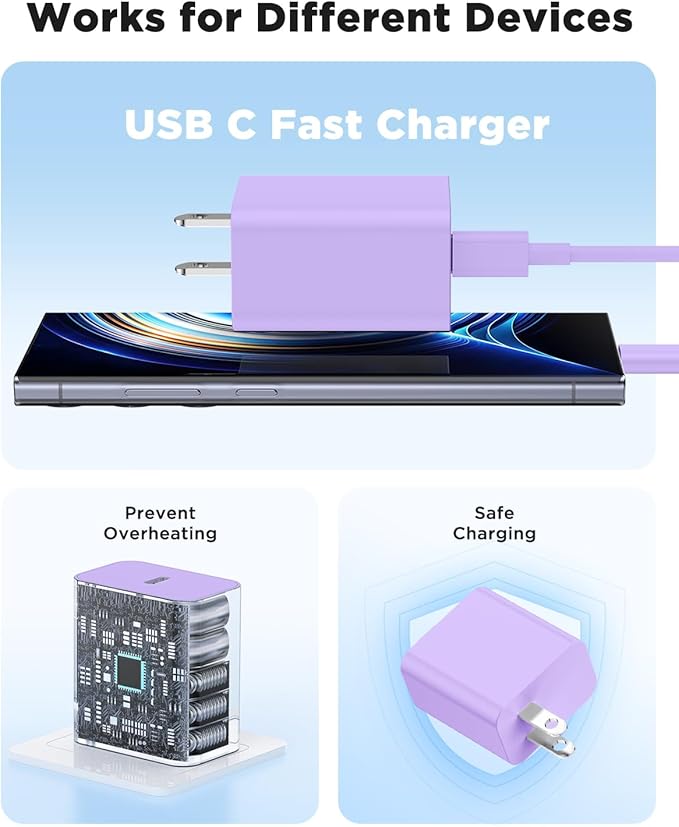 3Pack 45W Super Fast Charger Type C 10FT, USB C Android Phone Charger Fast Charging Block with Ertra Long Type-C Charger Cord for Samsung Galaxy S25/S25 Ultra/S25+/S24 Ultra/S24/S24+/S23/S22-Purple