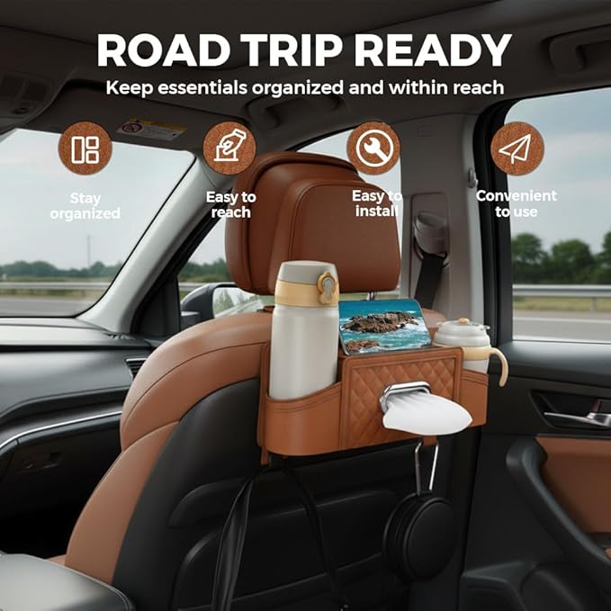 3-in-1 Car Backseat Organizer with Cup Holder Tissue Box and Hooks, Multifunctional Car Seat Back Storage Box, Car Headrest Backseat Organizer for Travel SUV Sedan Truck Car Accessories (Black)