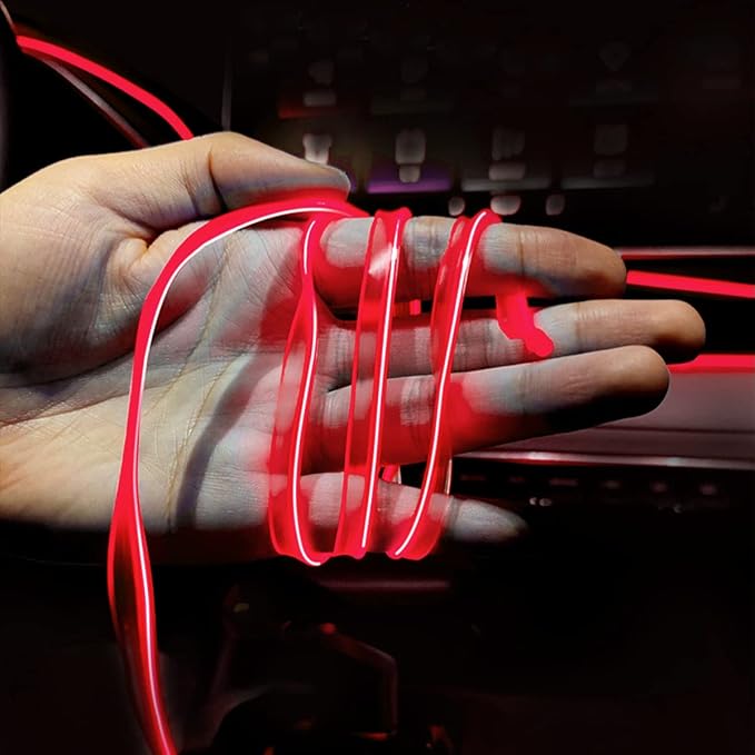 EL Wire LED Strip Lights, USB Auto Neon Light Strip with Sewing Edge, 16FT Electroluminescent Ambient Lighting Kit with Fuse Protection, Car Decoration Accessory (Red/16FT)
