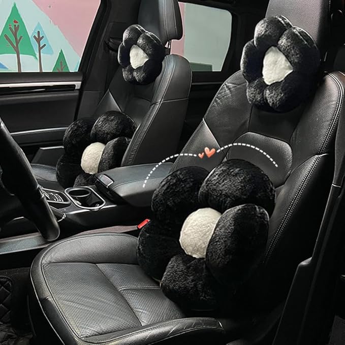 4 Pack Plush Flower Car Headrest Pillow and Lumbar Support Pillow Soft Comfortable Car Headrest Pillow Cute Car Accessories for Car Driving Cute Neck Pillows for Driving Car Decor