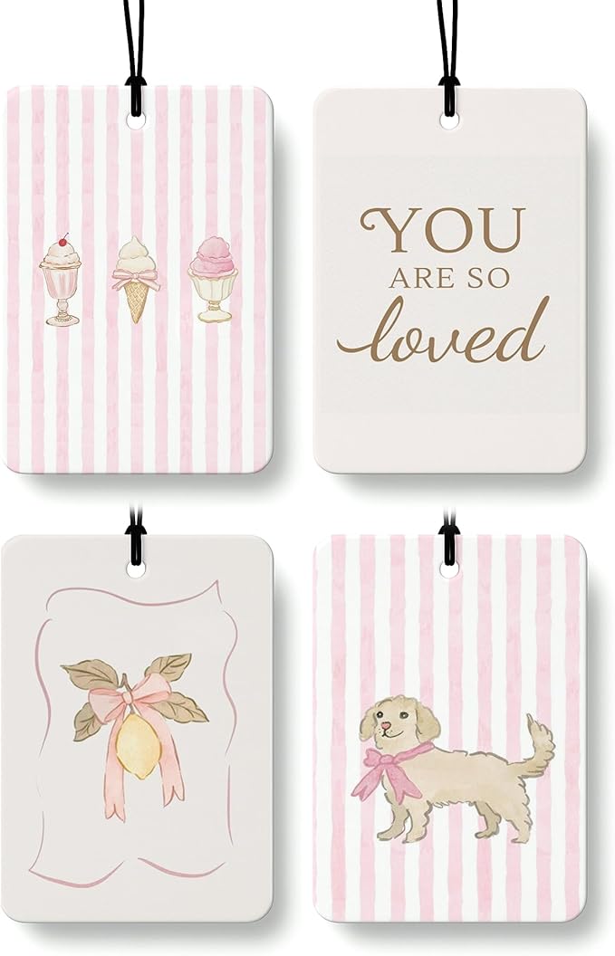 Retro Pink Coquette Bow Lemon Cologne Car Air Freshener 4 Pcs, Preppy Ice Cream Dog Hanging Air Freshener for Cars Bathroom Dorm Books Decor, Cute Girly Accessories Gifts for Women Girls