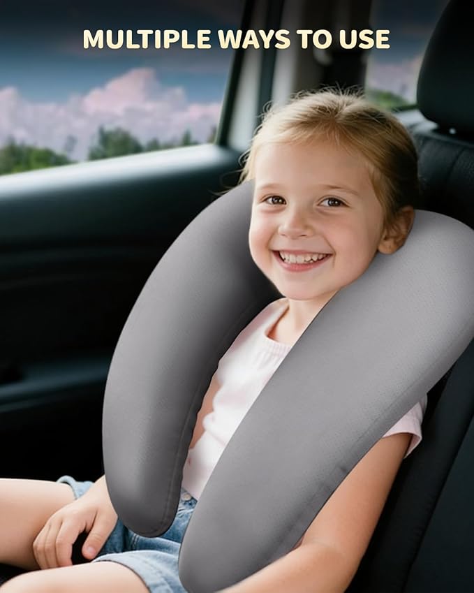 Memory Foam Kids Travel Pillow, Car Pillow for Kids, H-Shape Car Pillows for Sleeping, Removable Pillowcase, Adjustable, Porous Dots, Grey