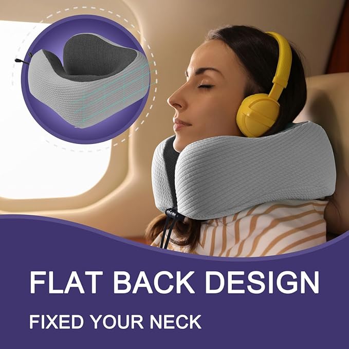 napfun Neck Pillow for Traveling, Upgraded Travel Neck Pillow for Airplane 100% Pure Memory Foam Travel Pillow for Flight Headrest Sleep, Portable Plane Accessories, Light Gray Striped Kit