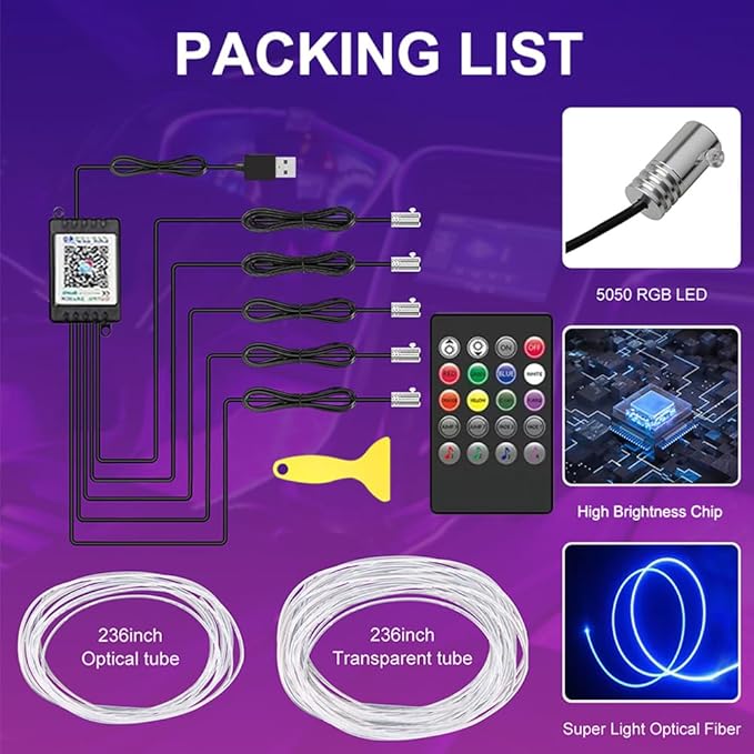 Car LED Interior Strip Lights, TEKSHINNY RGB Car Interior LED Light Wireless APP and Remote Control, 5 in 1 Ambient Lighting Kit with 236 Inches Fiber Optic, EL Wire Lights for Car Inside