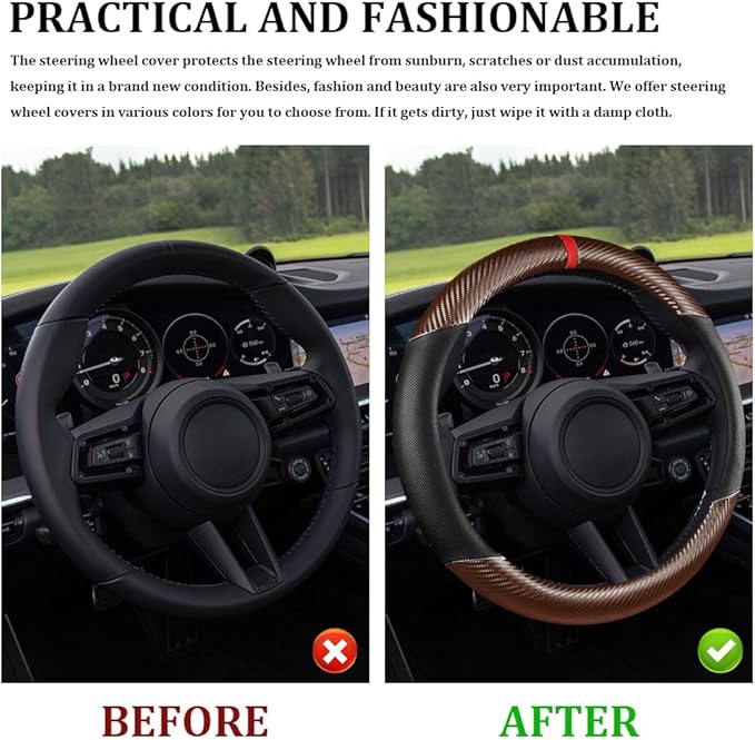 Car Steering Wheel Cover, Steering Wheel Accessories, 15 Inch Microfiber Leather Carbon Fiber Soft Anti-Slip Breathable, Car Accessories Elastic Non-Slip Cover for Most Vehicles (Coffee)