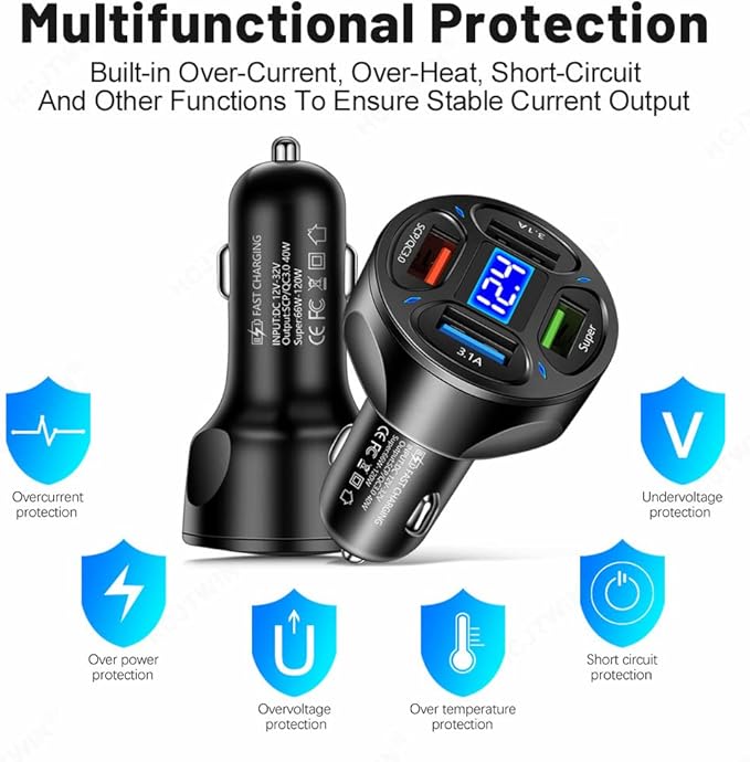 66W Multi Port Car Charger Adapter with Voltage Monitor, 4 USB QC3.0 Super Fast Charge Cigarette Lighter USB Charger, Compatible with iPhone/Android/Samsung/iPad Pro/and More (White)