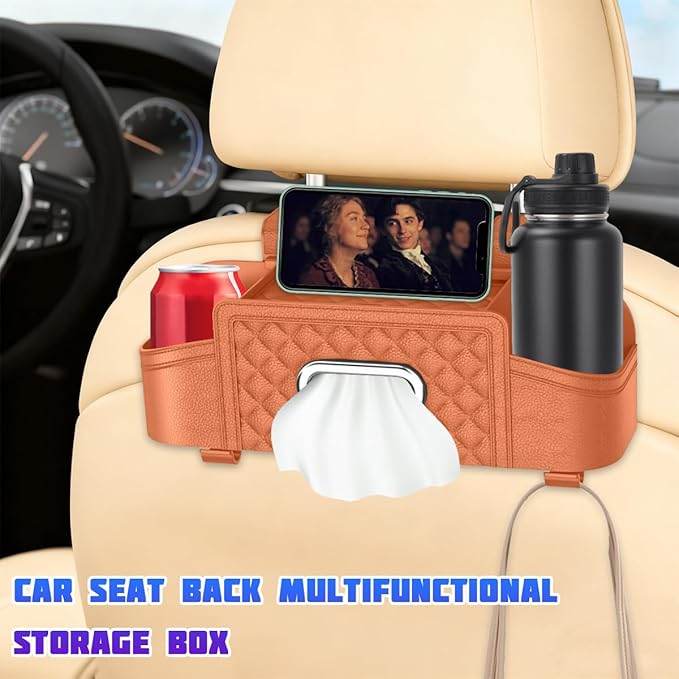 Car Headrest Backseat Organizer, Multifunctional Vehicle Seat Back Hanging Storage Box with Cup Holder and Hooks, Automotive Interior Headrest Storage Organizer, Universal Fit (Orange)