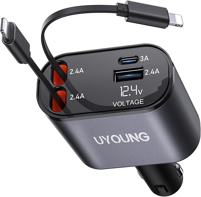 iPhone Car Charger 4 in 1 Fast USB Car Phone Charger 20W Double Lightning Retractable Cables 31.5 Inch and 2 USB Ports Car Charger Adapter for iPhone 17/16/15/14/13/12 Pro Max/XR/XS,Samsung,Pixel,iPad