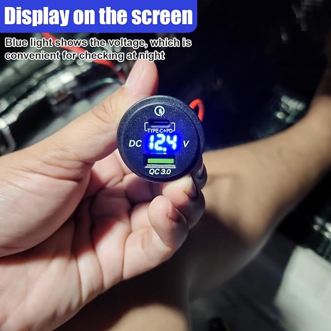 45W 12V USB Outlet 2-Port Car Charger Socket, PD USB C & QC 3.0 Port Waterproof Cigarette Lighter Sockets with LED Voltmeter, Universal Quick Charge Sockets for Cars RV Boat Marine Truck
