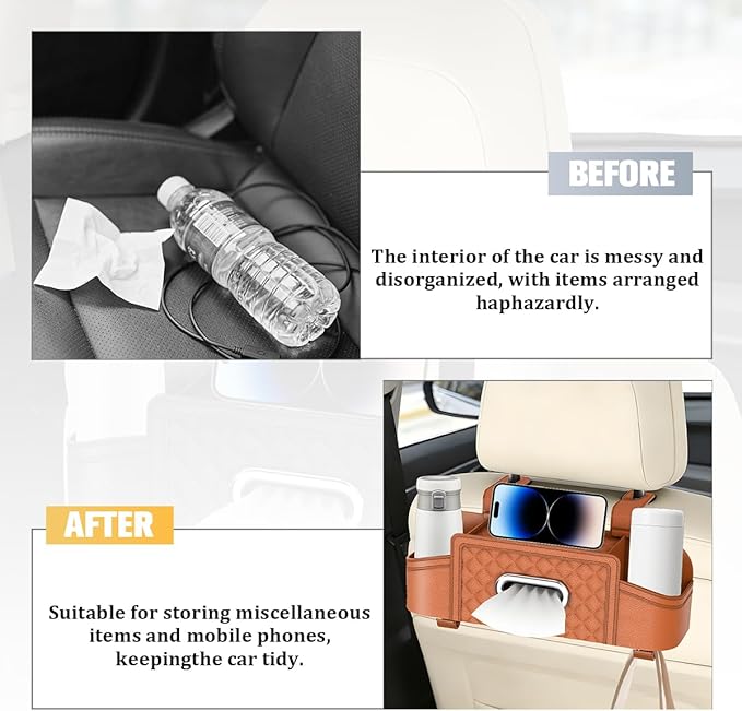 Car Backseat Organizer, 4-in-1 Multifunctional Vehicle Seat Back Tissue Box with Cup Holder & Hook, Auto Backseat Hanging Storage Box for Bag Phone Drink, Universal for Vehicles (Orange)