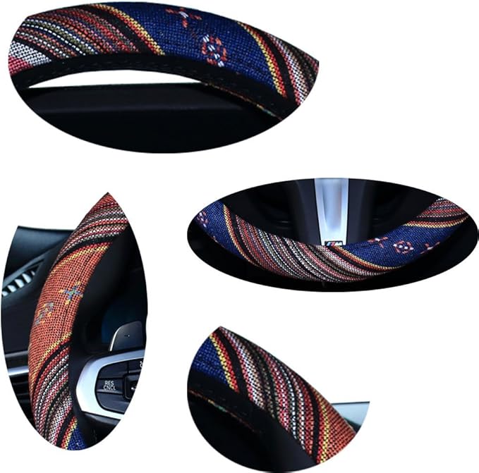 SHIAWASENA SHIAWASENA Car Steering Wheel Cover, Coarse Flax Cloth, Ethnic Style, Universal 15 Inch Fit, Anti-Slip Sweat-Absorbent (1#)