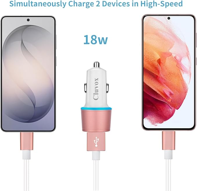 Fast USB Car Charger for Samsung Galaxy A56/A55/A54/A53/A50/A17/A16/A15/A14/S26/S25/S24/S23/S22 Plus/Ultra/Note 20/A21/A31/A51 Quick Charge 3.0 Dual USB Rapid Car Charger with Type C Cable 3.3ft-Pink