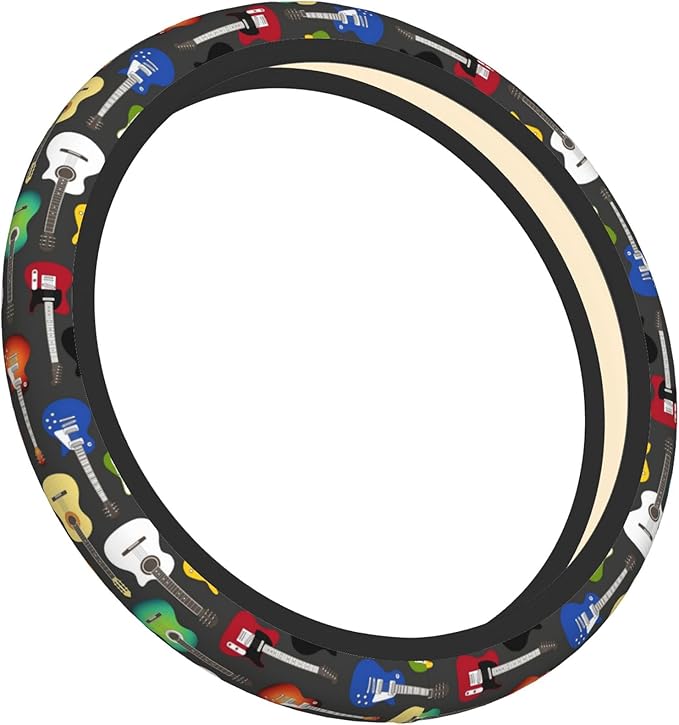 Musical Car Steering Wheel Cover for Women Acoustic Electric Guitars Men Stretch Cloth Anti-Slip Wrap Protector Case Fit Universal Auto Accessories Decor Sweat Absorption 14-15 Inch