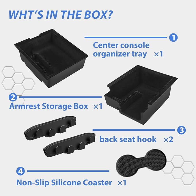 Center Console Organizer for Tesla Model Y 2024-2021 Accessories Storage Organizer SetIncludes for Model 3 2023-2017 Center Console Box, Armrest Box, Cup Holder,2 Seat Back Hook