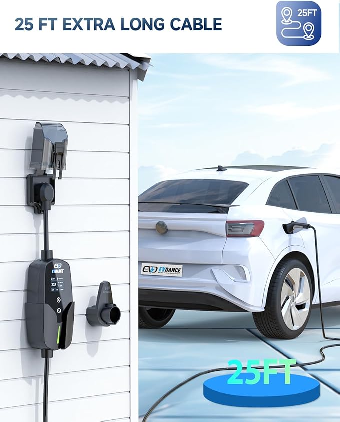 EVDANCE Level 2 EV Charger (32Amp, 240V, NEMA 14-50P), 7.68kW Fast Portable & Home Electric Car Charger with 25ft Cable, Adjustable Current/Delay Chargin for J1772 EVs
