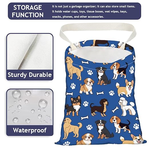 Various Dogs Print Car Trash Bag Hanging Garbage Bag with Snap Buttons Car-Back Seat Trash Storage Portable Dustbin for Car Interior Accessories Travel Camping