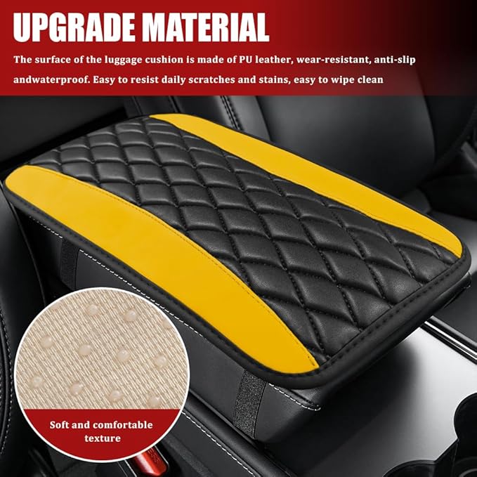 Car Center Console Cushion Pad, Armrest Cover for Car, Leather Waterproof Armrest Seat Box Cover, Auto Accessories Comfortable Arm Rest Box Cushion Pad for Most Vehicles (Yellow)