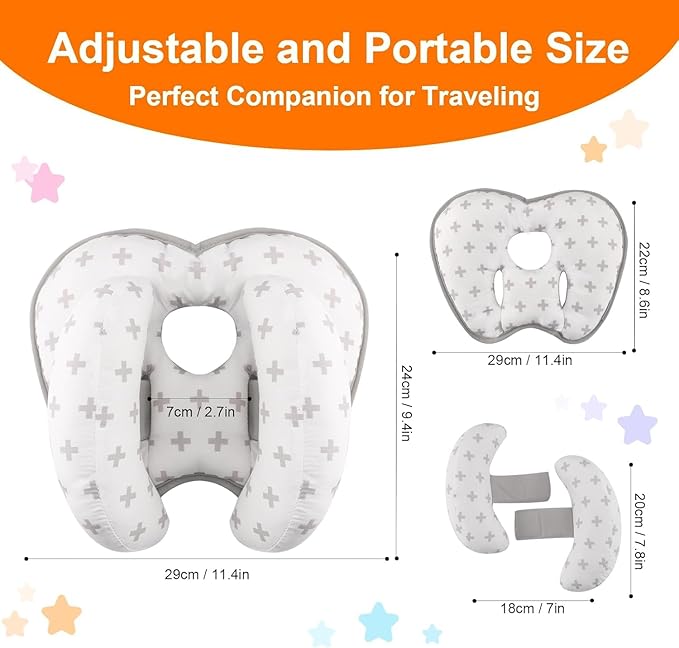 KAKIBLIN Baby Neck Pillow for Head, 2 in 1 Travel Pillow Baby Car Seat Head Support Banana Neck Pillows for Infants Small Boys and Girls,Support for Stroller, Grey Cross