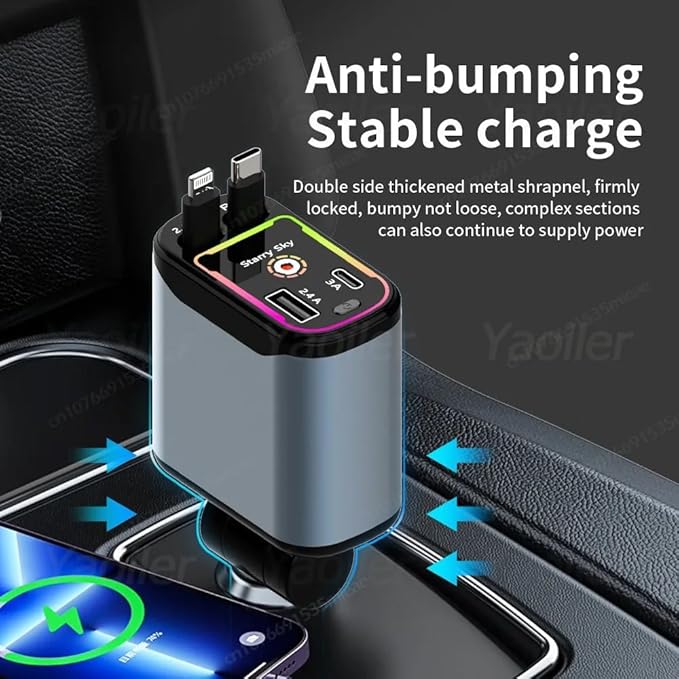 Retractable Car Charger 4 in 1 Fast Car Phone Charger | RGB Starlight | 2 Retractable Cords (Type C + iOS) with Additional 2 Ports | Charge 4 Devices | Compatible with Android & iPhone Models