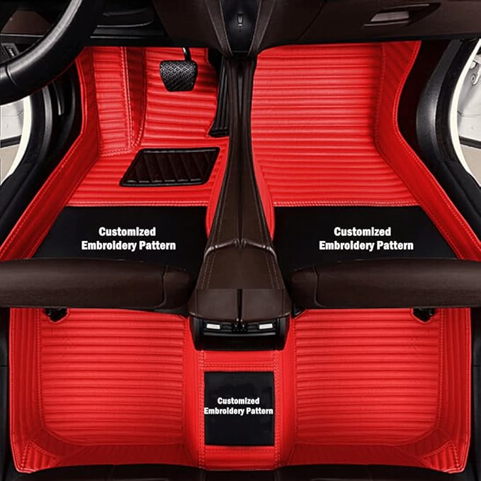 Custom Personalized Floor Mats for Cars - Luxury Full Coverage All Weather Mats, Anti-Slip Leather Mat Set, Fit for 99% of Cars, SUVs & Trucks (Red, B-Strip Shape)