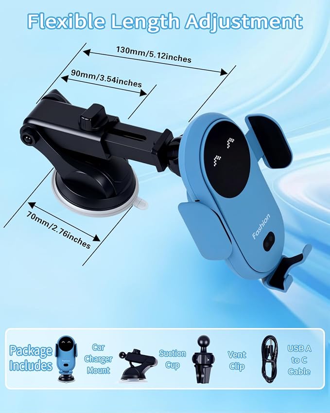 Wireless Car Charger, Auto-Clamping 3-in-1 Phone Mount - 15W/10W/7.5W Fast Charging Car Accessories Compatible with iPhone 16/15/14/13/12/11/Xs/XR, Samsung S23 Ultra/S22/S21/S20/S10+/S9(Blue)