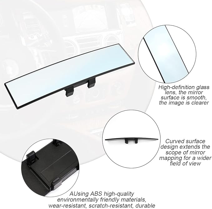 8sanlione Car Rearview Mirrors, Shock Resistant Interior Clip-on Panoramic Rear View Mirror for Car, Wide Viewing Range, 12 inch HD Universal Use for Cars, SUVs, Trucks, Vehicles (White)