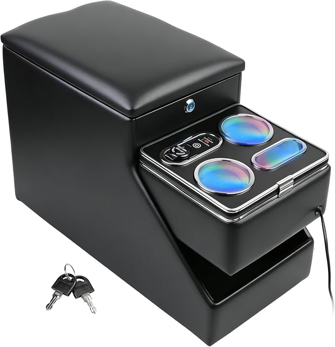 Center Console Organizer for Minivans, SUVs & Middle Van Seats - Floor-Mounted Lockable Storage Box with Dual Cup Holders & 7-Color Ambient Light, Ideal for Vehicle Interior