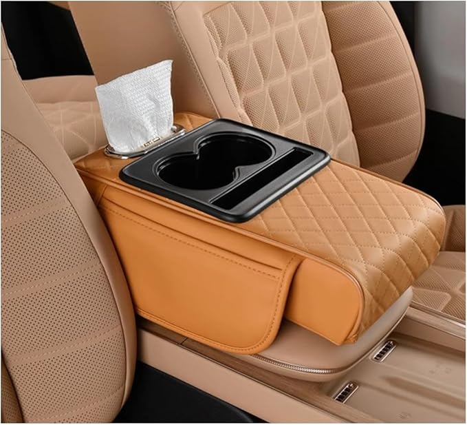 Car Center Console Cover, Memory Foam Nappa Leather Vehicle Armrest Cushion with Tissue Box, 2 Storage Bag & Holder, Automotive Arm Rest Protector Accessories, Universal Fit (Orange)