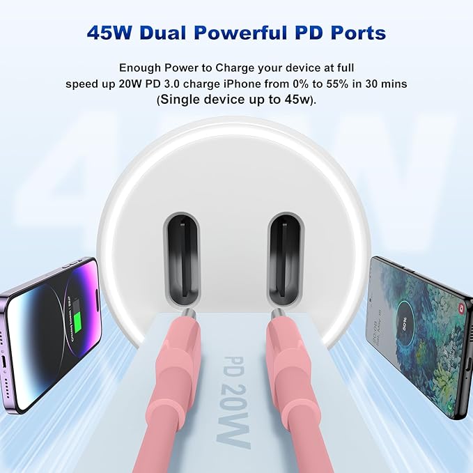 iPhone 14 13 Car Charger, Certified 45W Dual Port USB C Rapid Apple Car Adapter with 6ft Type C to Lightning Cable Fast Charging for iPhone 14 Pro/14 Pro Max/14 Plus/13/12/11/X/XS/SE,iPad-Pink