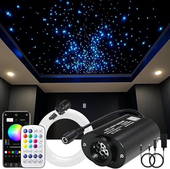 AKEPO 6W Mini Size Twinkle RGBW Fiber Optic Lights, 600pcs 0.03in 9.8ft/3m APP Control Music Activated Fiber Optic Star Ceiling Light Kit for Car Headliner Star and Home