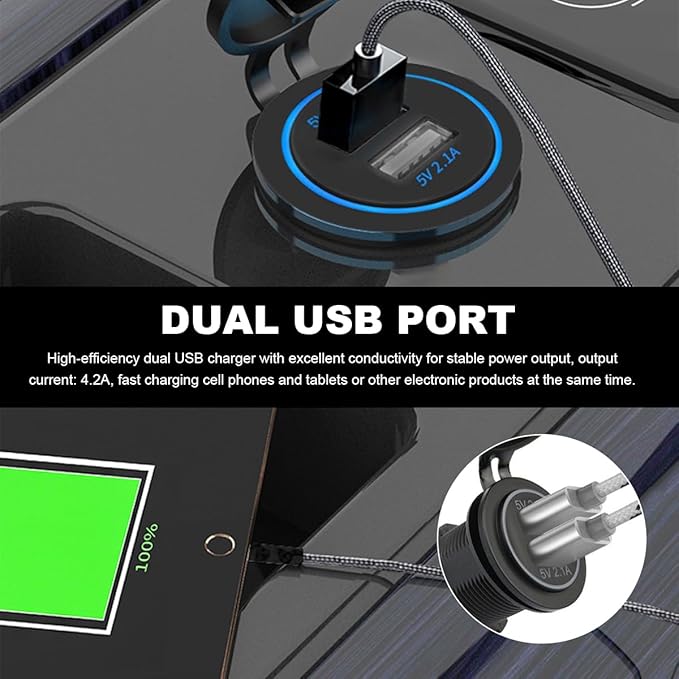 4.2A Dual USB Charger Socket, Waterproof Power Outlet 12V/24V 2.1A & 2.1A Quick Charge Socket, USB Charger Socket with Cap for Car Golf Cart Mobile RV ATV Truck Marine Boat (Blue)